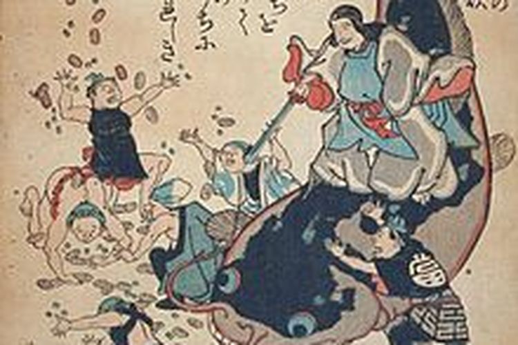Ilustrasi Kaisar Jimmu dibantu Takemikazuchi dengan senjata keramat Futsunomitama, untuk mengalahkan monster. [Via Wikipedia.org] 