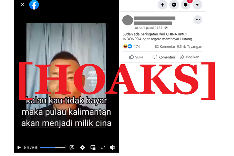 Tangkapan layar unggahan hoaks di sebuah akun Facebook, mengenai Kalimantan akan menjadi milik China jika Indonesia tidak bayar utang.