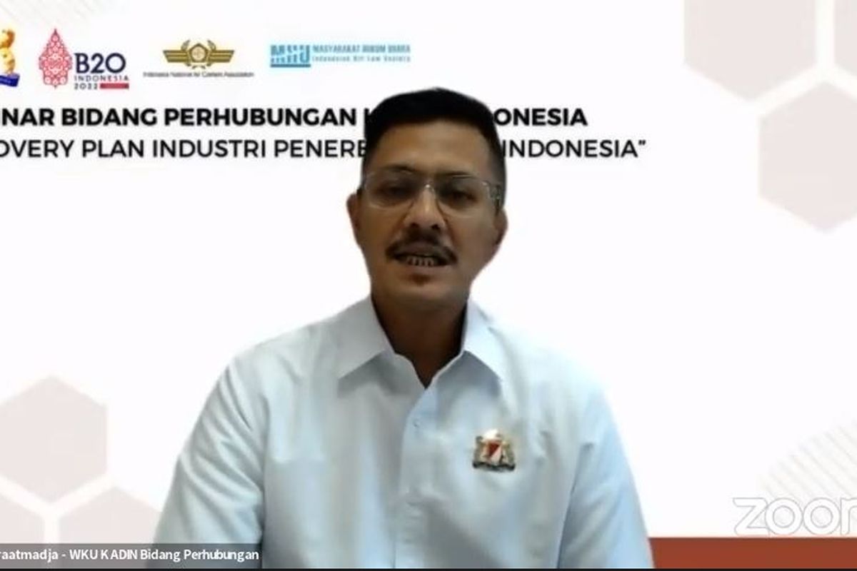 Ketua Umum INACA sekaligus WKU Bidang Perhubungan KADIN Indonesia Denon Prawiraatmadja saat Webinar Recovery Plan Industri Penerbangan di Indonesia, Kamis (30/6/2022).