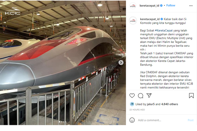 Tangkapan layar unggahan akun Instagram PT Kereta Cepat Indonesia China (KCIC).