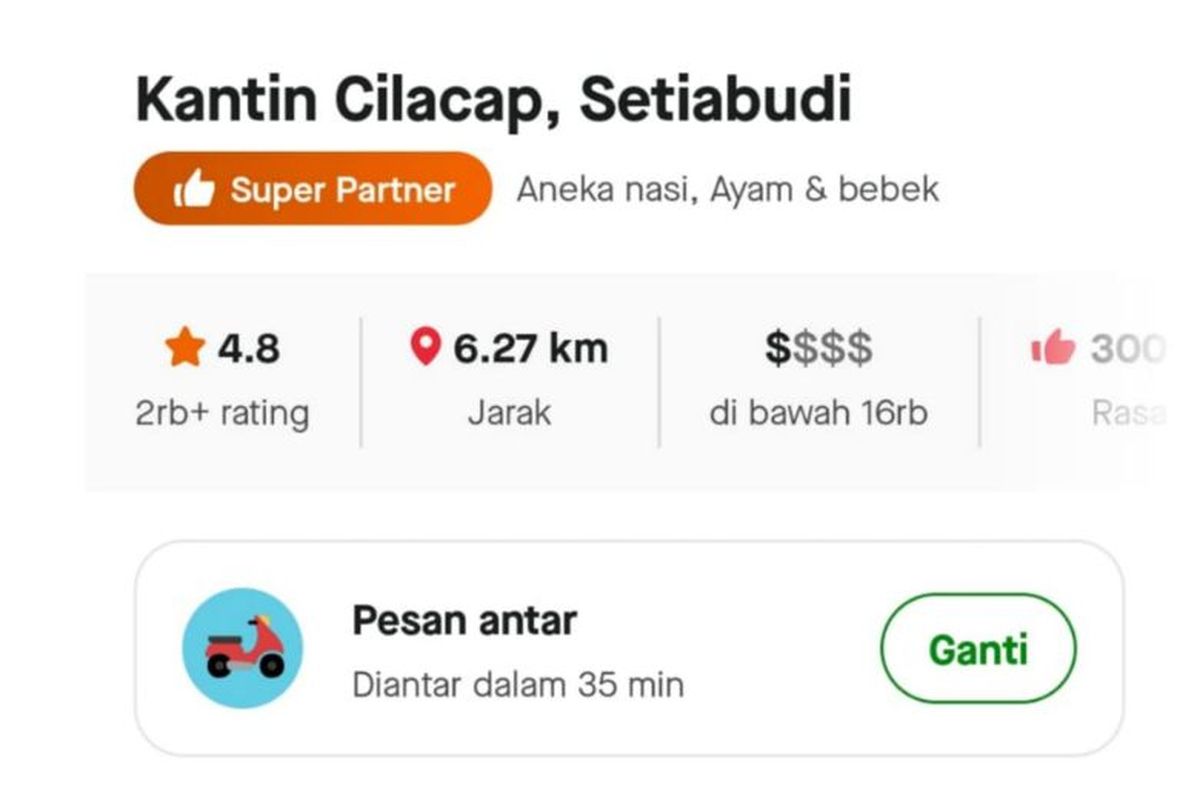 Kantin Cilacap tercatat sebagai salah satu merchant GoFood dengan rating tinggi. Tak tanggung-tanggung, Kantin Cilacap menorehkan rating 4,8 dengan predikat ?Super Partner?. Pantauan Kompas.com pada fitur GoFood di laman aplikasi Gojek, sedikitnya 300 pengguna GoFood memberikan rating ?enak? dan 200 orang untuk rating ?harga sesuai? pada Kantin Cilacap.