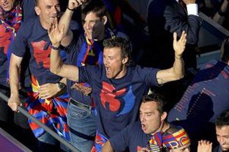 Kegembiraan Luis Enrique bisa mengantarkan Barcelona meraih treble winners pada musim pertamanya sebagai pelatih di Camp Nou. 