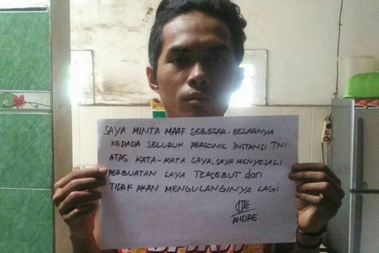 Permintaan maaf oleh Muhammad Andre Nur Jayadi (20) setelah dituduh menyebar ujaran kebencian kepada TNI.