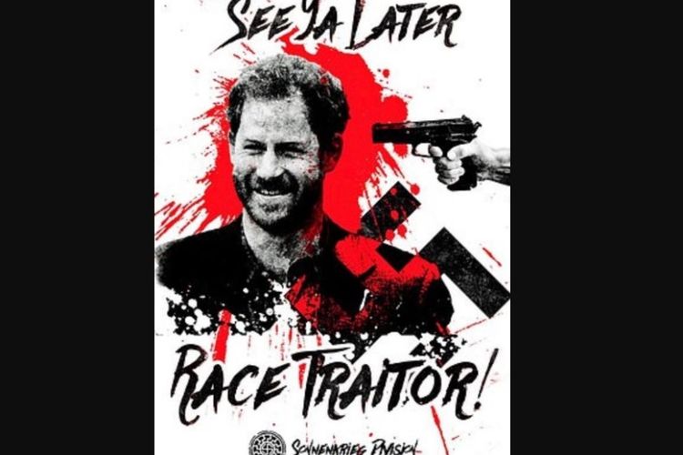 Salah satu poster kekerasan yang menampilkan ancaman terhadap Pangeran Harry yang disebar oleh Divisi Sonnenkrieg dari kelompok Neo-Nazi.