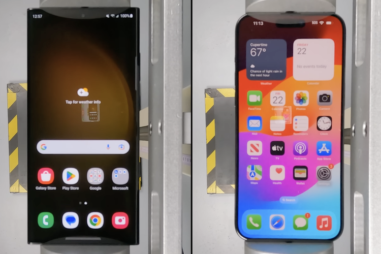 Uji ketahanan Samsung Galaxy S23 Ultra (kiri) dan iPhone 15 Pro Max (kanan)