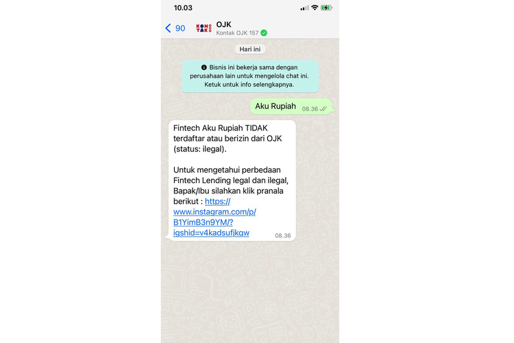Ilustrasi cara cek pinjol ilegal atau legal lewat WhatsApp OJK