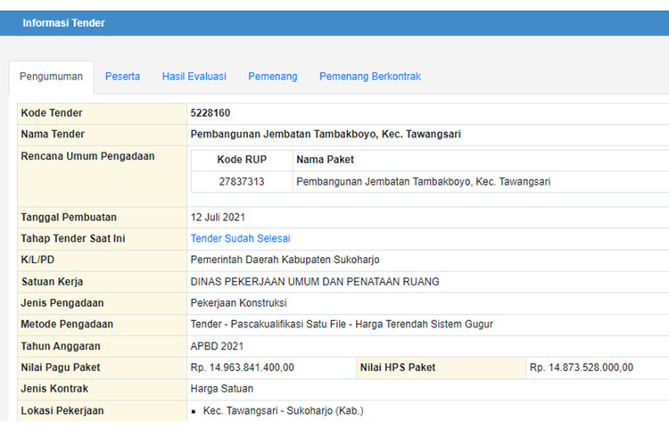 Tangkapan layar laman lpse.sukoharjokab.go.id yang menampilkan informasi tender pembangunan jembatan Tambakboyo di Sukoharjo, Jawa Tengah yang ambruk.