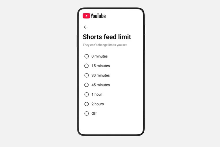 Tangkapan layar menu Shorts feed limit di aplikasi YouTube yang kini menghadirkan opsi pengaturan waktu hingga nol menit, memungkinkan pengguna membatasi bahkan menghentikan tampilan video Shorts.