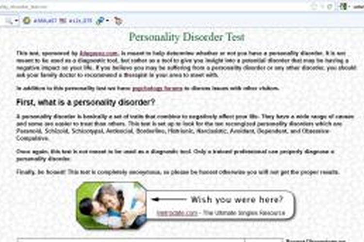 Salah satu website yang menyediakan tes gangguan kepribadian