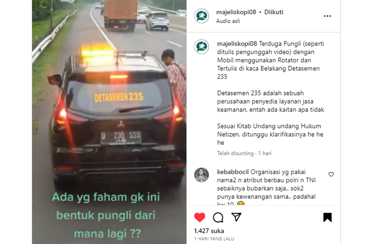 Tangkapan layar unggahan video yang menyebut aksi pungutan liar atau pungli terjadi di Jalan Tol Cipularang.