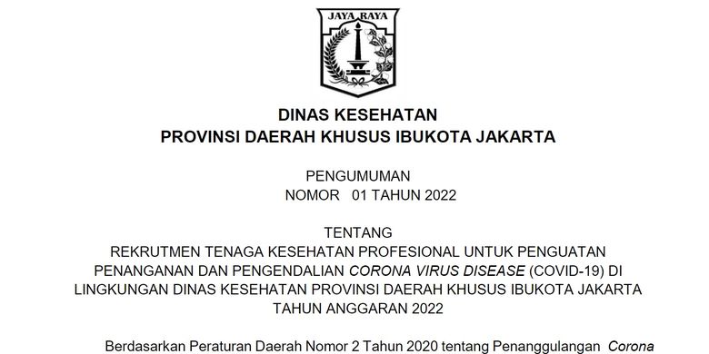 Dinkes DKI Jakarta sedang membuka lowongan kerja bagi lulusan D3, D4, dan S1.