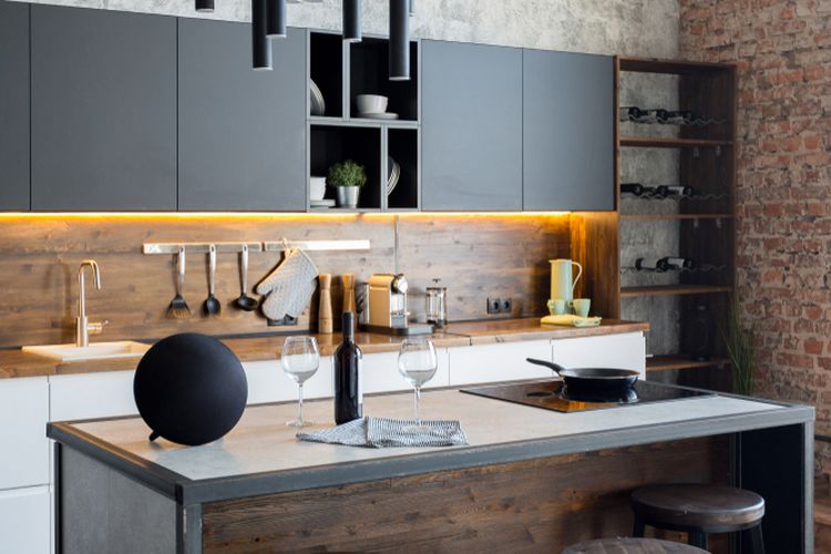 Ilustrasi dapur minimalis dengan nuansa warna hitam. 