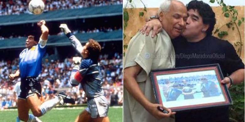 Foto gabungan: Aksi Diego Maradona ketika membuat Gol Tangan Tuhan (kiri), Maradona bersama mantan wasit asal Tunisia Ali Bennaceur, yang memimpin laga Argentina vs Inggris pada perempat final Piala Dunia 1986.