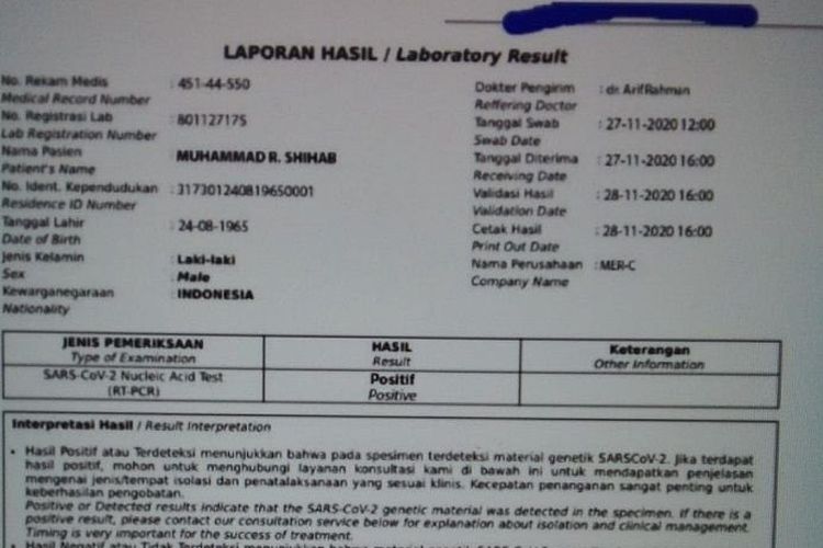 Results of a swab test showing Rizieq Shihabs Covid-19 positive diagnosis, as seen in social media