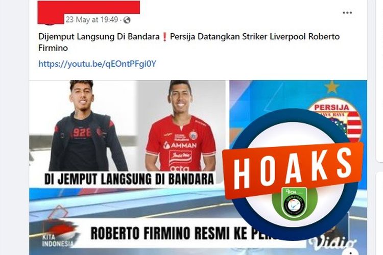 Tangkapan layar Facebook narasi yang menyebut Roberto Firmino resmi bergabung dengan Persija Jakarta