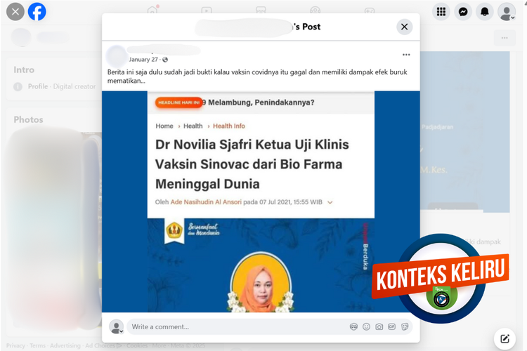 Tangkapan layar konten dengan konteks keliru di sebuah akun Facebook, yang mengeklaim ketua uji klinis vaksin Sinovac meninggal akibat vaksin Covid-19.