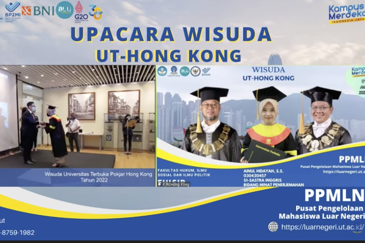 Universitas Terbuka (UT) melalui Pusat Pengelolaan Mahasiswa Luar Negeri Universitas Terbuka (PPMLN-UT) menggelar seremoni wisuda bagi lulusan UT yang tinggal di Hong Kong pada Minggu, 17 Juli 2022.