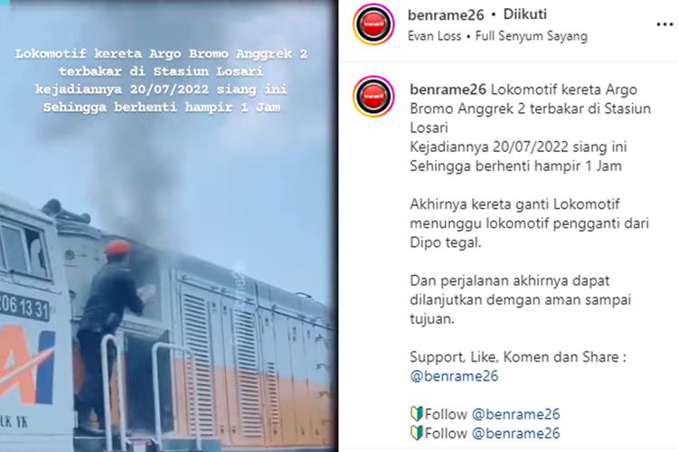 Tangkapan layar video bernarasi lokomotif Kereta Api (KA) Argo Bromo Anggrek disebutkan terbakar di Stasiun Losari.