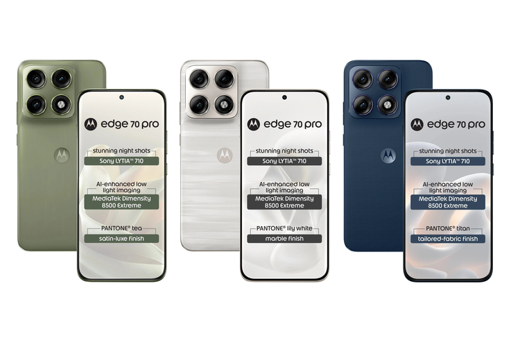 Motorola Edge 70 Pro dijual dalam pilihan warna Pantone Lily White, Pantone Titan, dan Pantone Tea.