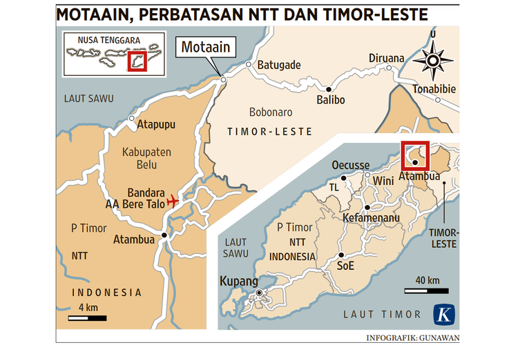 Tangkap layar peta lokasi Pos Lintas Batas Negara (PLBN) Motaain serta batas wilayah Indonesia-Timor Leste di NTT.