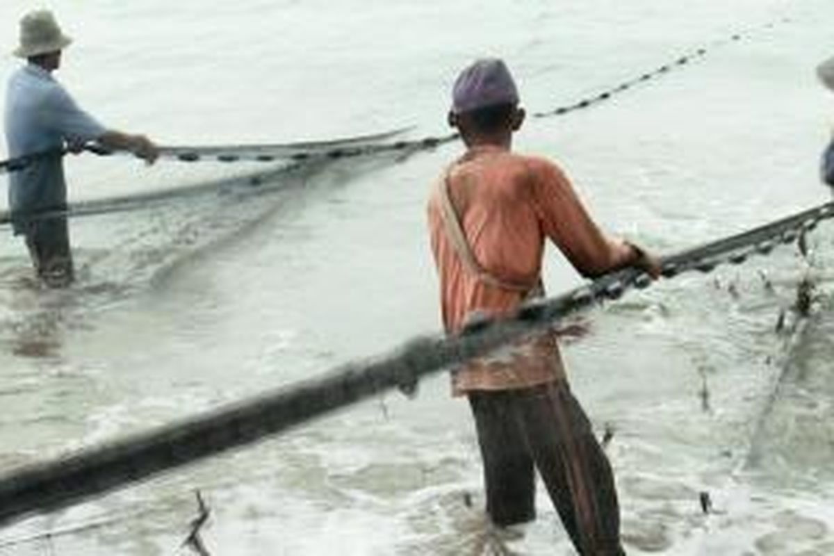 Nelayan Sungai Pinang di Sumbar menarik tali pukat. Pukat ditarik minimal oleh lima belas orang terbagi atas dua sisi tali penarik.