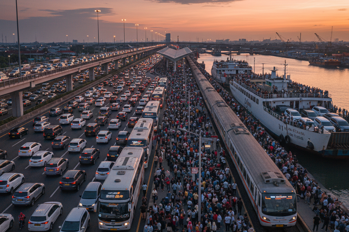 Ilustrasi ratusan juta orang Indonesia melaksanakan mudil Lebaran. Tahun 2026, Kementerian Perhubungan memprediksi 143,9 juta orang Indonesia melakukan perjalanan pulang ke kampung halaman.