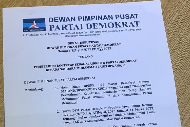 Surat pemecatan yang beredar mengenai pemecatan kader yang merupakan anggota DPRD Nganjuk. (Sumber: Istimewa)