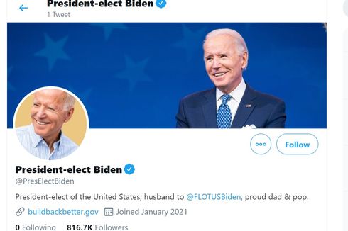 Joe Biden Dapat Akun Twitter Kepresidenan Baru, Follower Mulai dari Nol