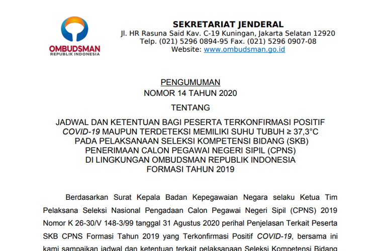 Tngkapan layar Pengumuman Nomor 14 Tahun 2020 tentang Jadwal dan Ketentuan Pelaksanaan SKB CPNS 2019 Bagi Peserta Terkonfirmasi Positif Corona.