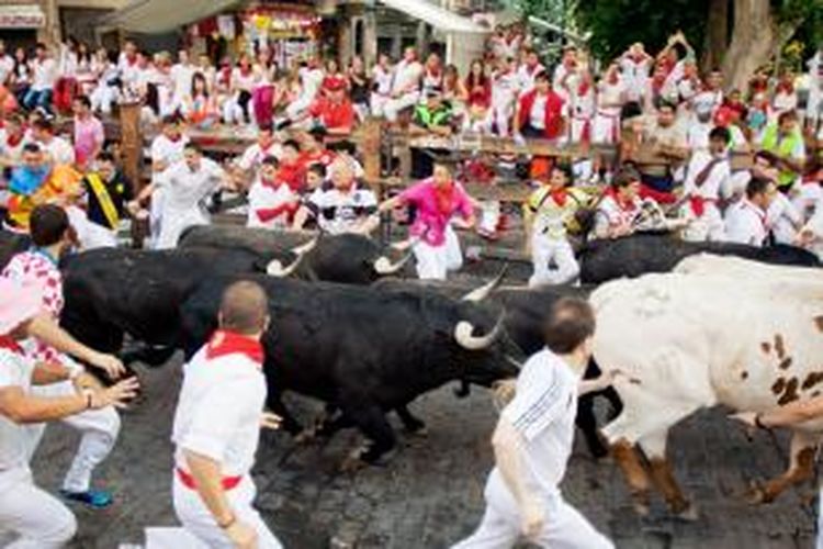 Festival Saint Fermin di Pamplona, Spanyol. Di festival ini, peserta dikejar banteng yang berlari di antara jalanan kota Pamplona.