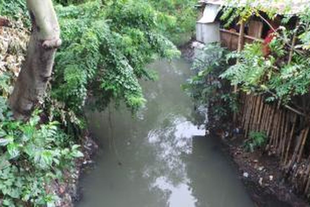 Lebar Kali Sunter di Duren Sawit, Jakarta Timur, berkurang akibat keberadaan bangunan di sekitarnya, seperti tampak pada Selasa (26/11/2013).