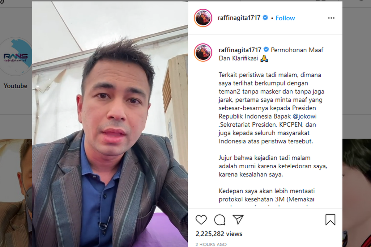 Raffi minta maaf atas kejadian Rabu (13/1/2021) malam, di mana dirinya terlihat berkumpul tanpa masker dan tidak jaga jarak.