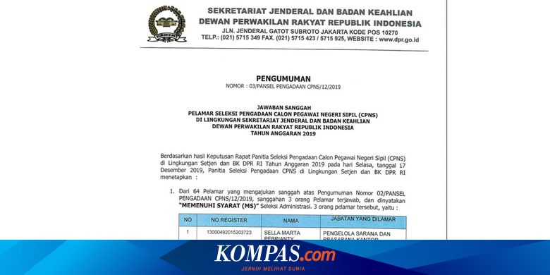 Setjen Dpr Ri Umumkan Hasil Final Seleksi Administrasi Cpns 2019