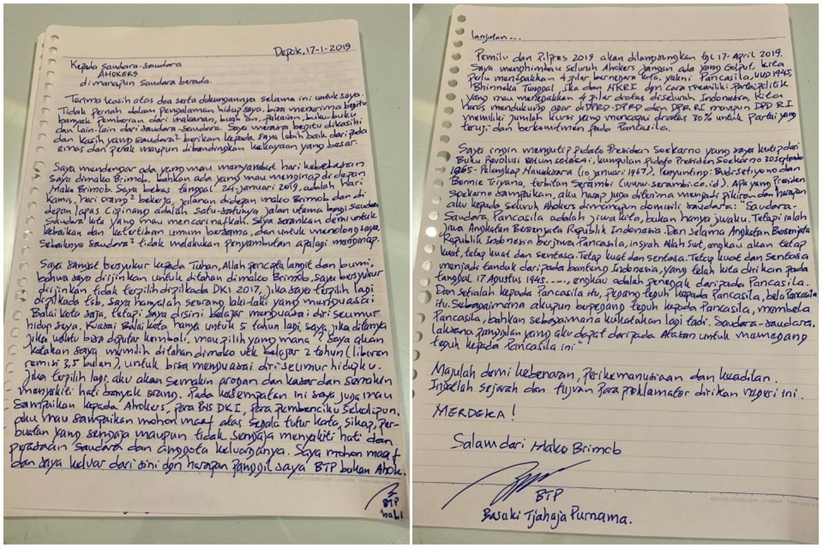 Isi surat yang ditulis mantan Gubernur DKI Jakarta Basuki Tjahaja Purnama (Ahok) di Rutan Mako Brimob, Kelapa Dua, Depok, Kamis (17/1/2019).