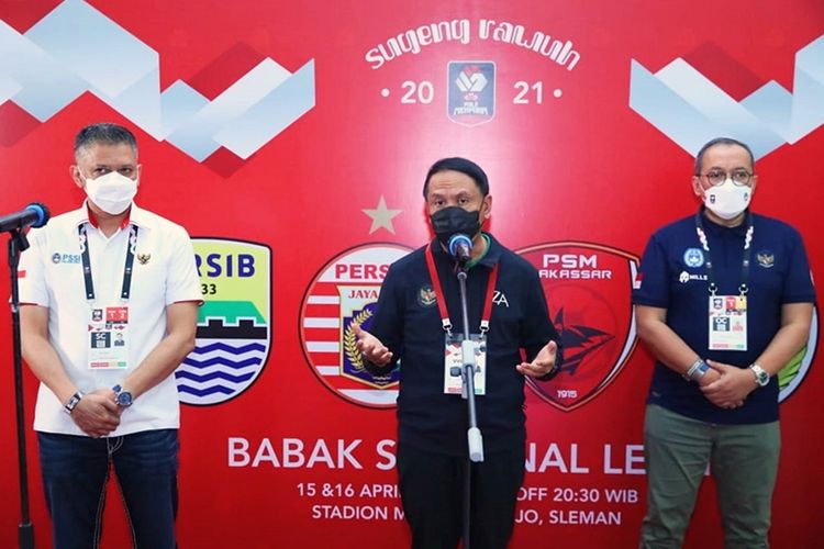 Menteri Pemuda dan Olahraga (Menpora) Zainudin Amali dalam konferensi pers sebelum menyaksikan pertandingan semifinal PS Sleman melawan Persib Bandung di Stadion Maguwoharjo, Sleman, Yogyakarta pada pada Jumat (16/4/2021). 