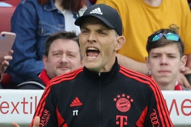 Reaksi pelatih Bayern Muenchen Thomas Tuchel saat mendampingi timnya bertamu ke markas Mainz 05 dalam laga lanjutan Liga Jerman 2022-2023. Laga Mainz vs Bayern berlangsung di MEWA Arena, Jerman, pada Sabtu (22/4/2023) malam WIB.