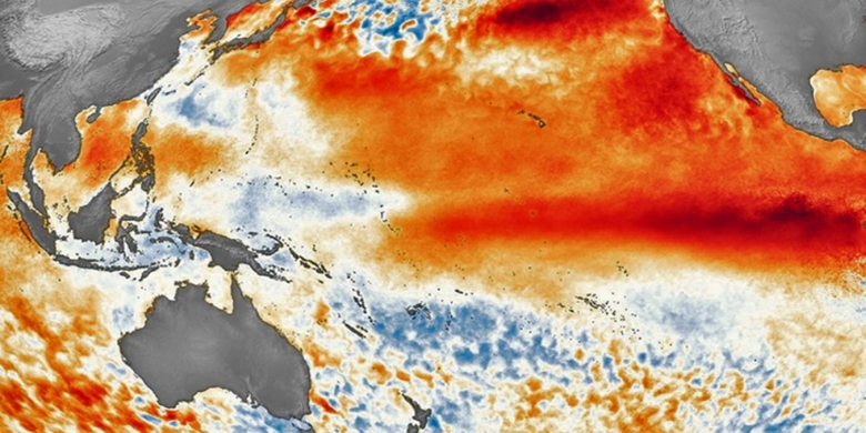 Perbedaan suhu permukaan laut di seluruh dunia selama fenomena El Nino yang terjadi pada 2015. PBB memperingatkan dampak El Nino pada 2023 akan dapat memicu kenaikan suhu global.
