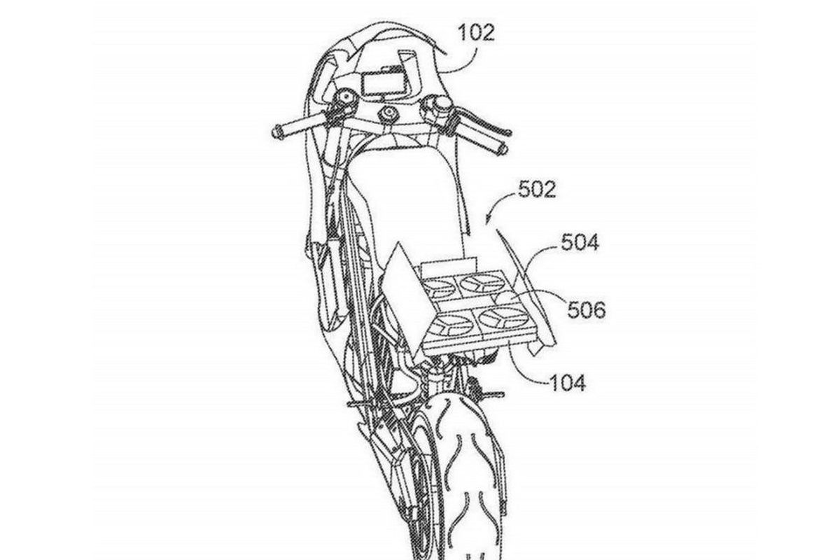 Gambar paten motor Honda dengan drone di bagian belakang.