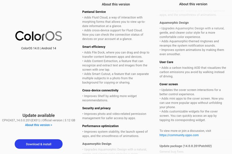 Tampilan laman update di Oppo Find N2 Flip untuk ColorOS 14.