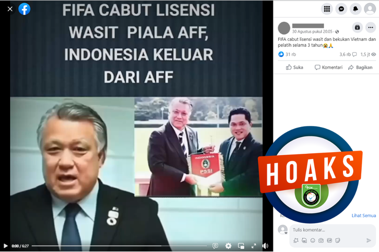 Tangkapan layar unggahan dengan narasi hoaks di sebuah akun Facebook, Rabu (30/8/2023), yang mengeklaim FIFA mencabut lisensi wasit AFF U23 2023.