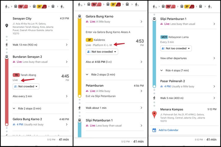 Google Maps juga menyediakan rute perjalanan keseluruhan dari satu lokasi ke lokasi lain, lengkap dengan informasi bus/angkot/mikrotrans yang harus dipilih, estimasi ketibaan, dan posisi terkini.