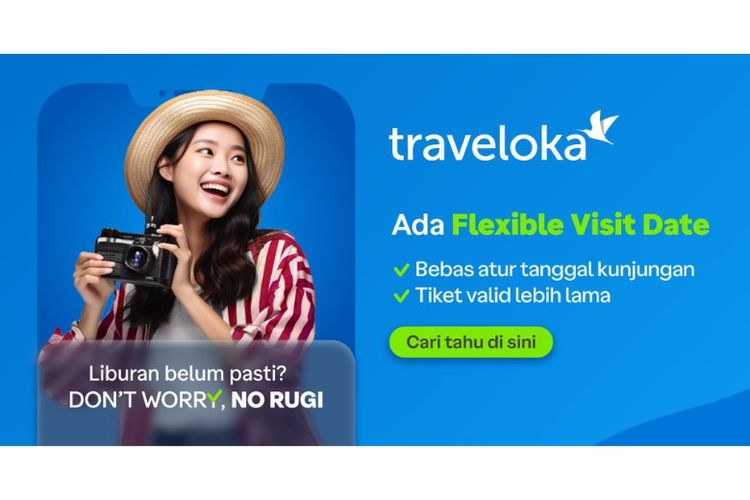 Traveloka memiliki fitur flexible visit date yang memungkinkan pengguna mengatur tanggal kunjungan sesuai kebutuhan serta membeli tiket dengan masa berlaku yang lebih lama. 