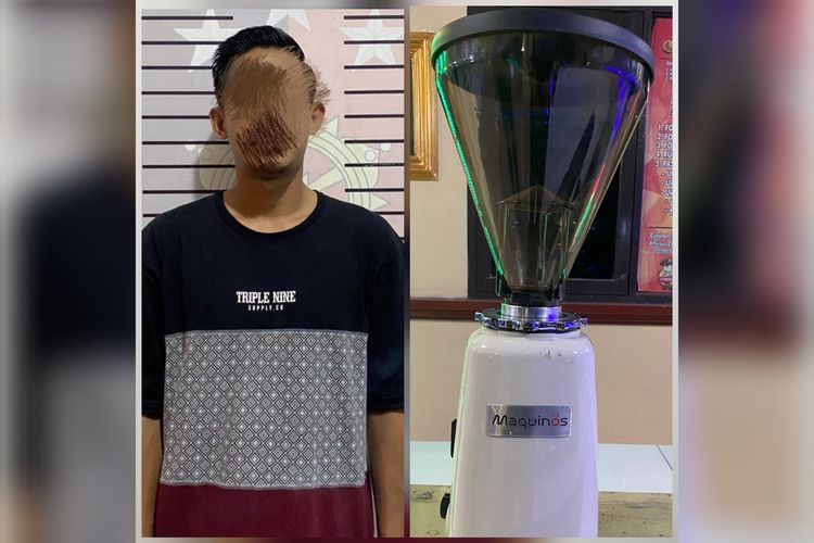 Pelaku pembobolan warkop bernama Muh Yunus (30) beserta barang bukti satu grinder kopi yang diamankan polisi di kediamannya di Jalan Ujung Bori, Kecamatan Manggala, Kota Makassar, Sulsel, Selasa (30/5/2023)