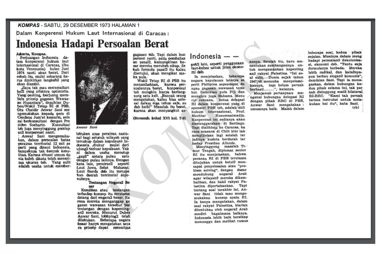 Berita tentang tantangan diplomasi Wawasan Nusantara di harian Kompas edisi 29 Desember 1973.