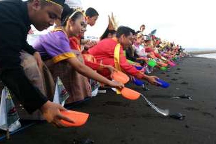 Para pelajar Banyuwangi, Jawa Timur, dengan menggunakan pakaian adat melepasliarkan tukik di Pantai Boom Banyuwangi, Sabtu (29/10/2016) sore.