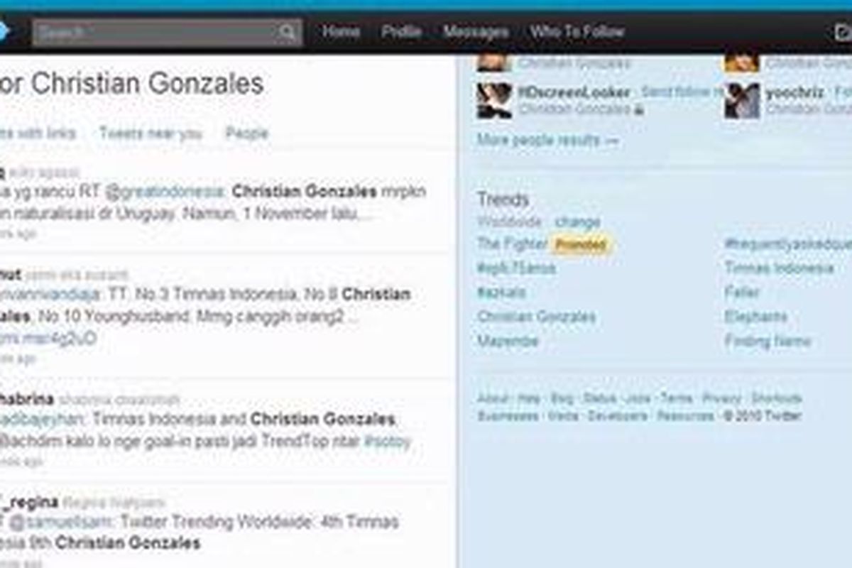 Nama lengkap Christian Gonzales langsung melesat ke rending topics Twitter begitu mencetak gol ke gawang Filipina, Kamis (16/12/2010).