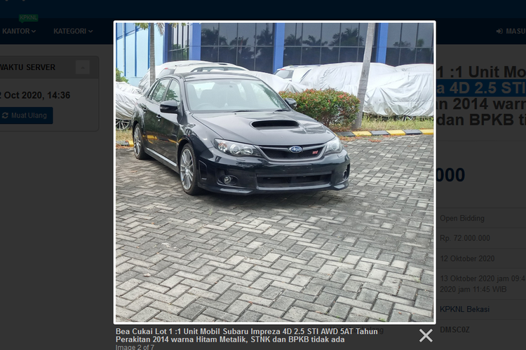 Mobil Subaru Impreza 4D 2.5 STI AWD 5AT yang akan dilelang Bea Cukai di laman lelang.go.id. (tangkapan layar dari lelang.go.id)