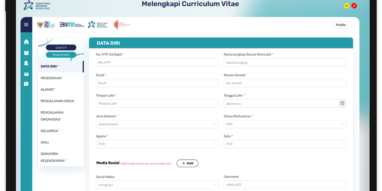 Tangkapan layar pengisian CV pada langkah pendaftaran Rekrutmen Bersama BUMN batch 2.