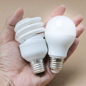 Ilustrasi lampu CFL (kiri) dan lampu LED (kanan). 