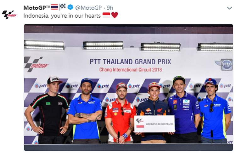 Para pebalap MotoGP menyampaikan dukungan untuk korban bencana alam di Indonesia menjelang MotoGP Thailand, Jumat (5/10/2018)